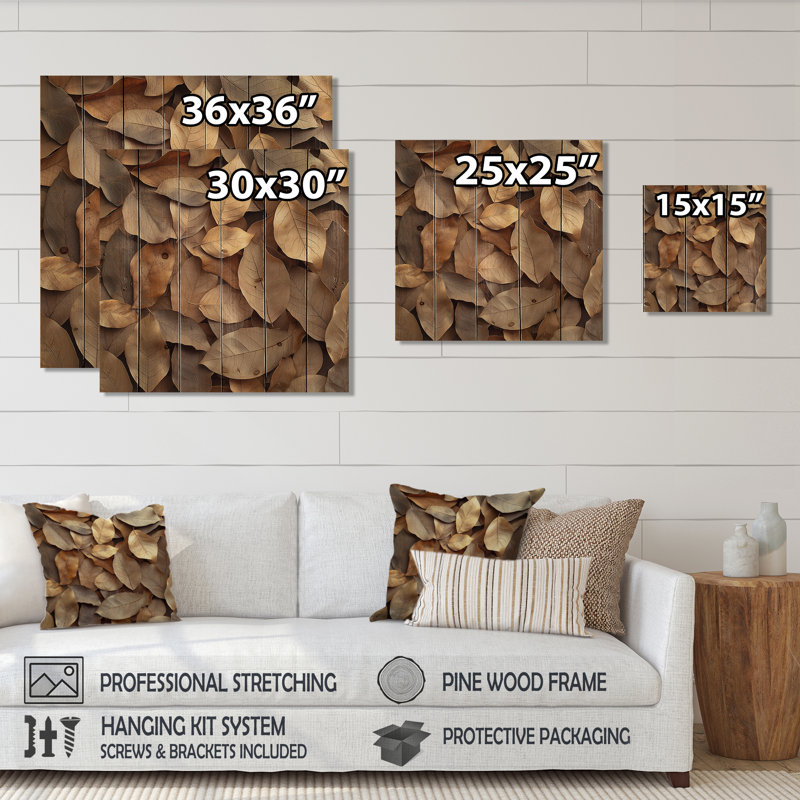 «Brown Sable Leaves III», art mural sur bois de feuilles - sur bois de pin naturel, H 25 po x l 25 po x P 0,78 po