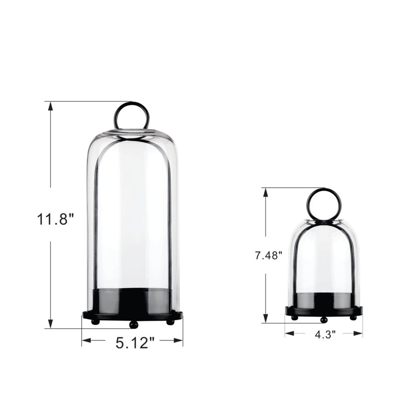Brass Metal Candle Holder With Glass Dome For Pillar Candles Or Plants, Two Sizes, Industrial Farmhouse Style, Black