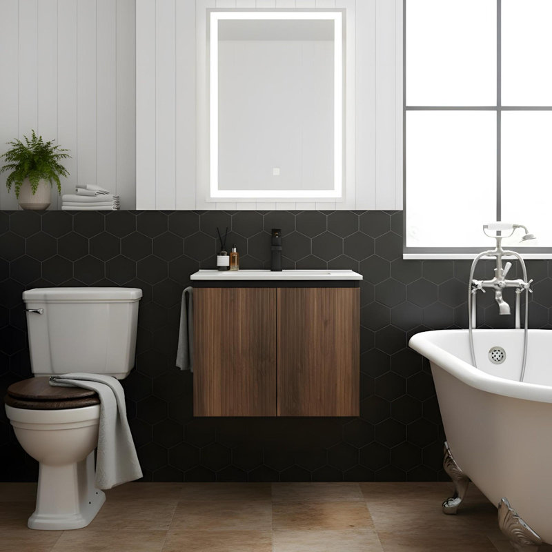 Armoire de salle de bain murale avec lavabo en céramique, Noir / noyer foncé