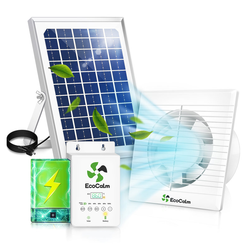 Ventilateur solaire pour poulailler avec batterie et thermostat réglable, ventilateur solaire avec panneau solaire bifacial de 12 W et accessoires de ventilateur d'extraction de 4 po avec valve anti-refoulement
