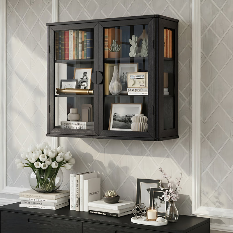 Tempered Glass Display Wall Storage Cabinet,Bathroom Wall Cabinet, Black