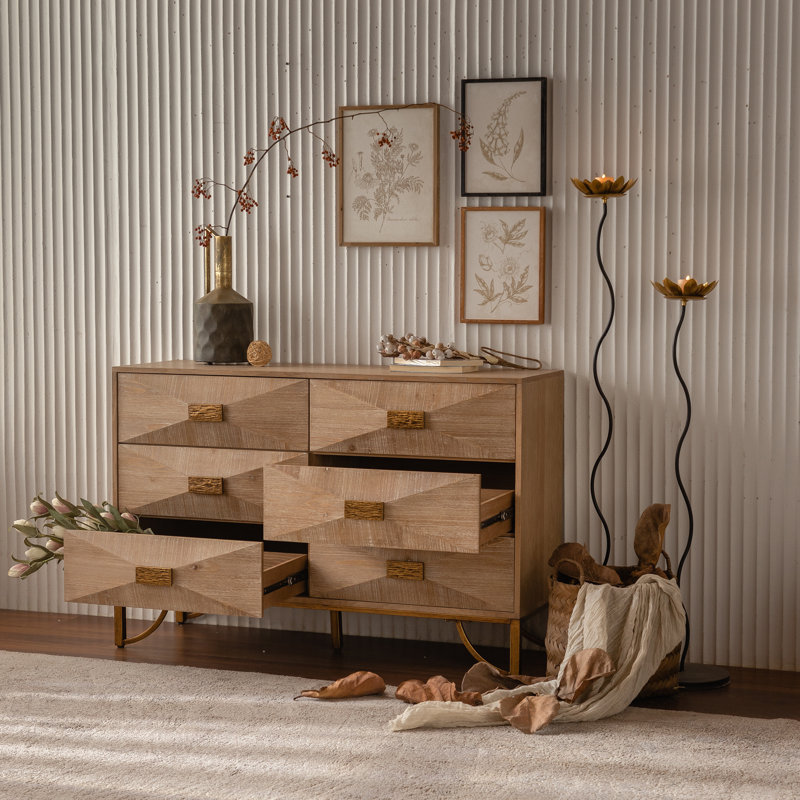 Commode 6 tiroirs, commodes et commodes modernes, meuble télé, commode en bois clair pour chambre à coucher, salon, couloir