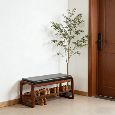 Solid Wood Shoe Bench With Cushion, 2-Tier Shoe Storage Rack For Entryway, Hallway And Living Room