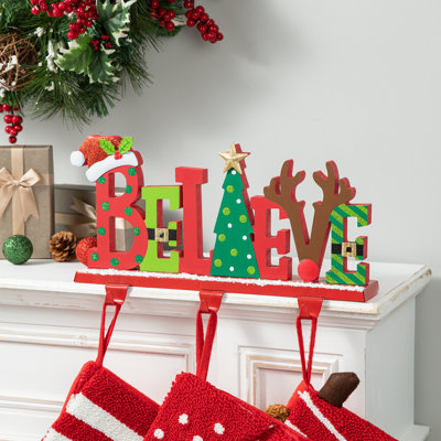 14.5"L Wooden/Metal "BELIEVE" Christmas Stocking Holder