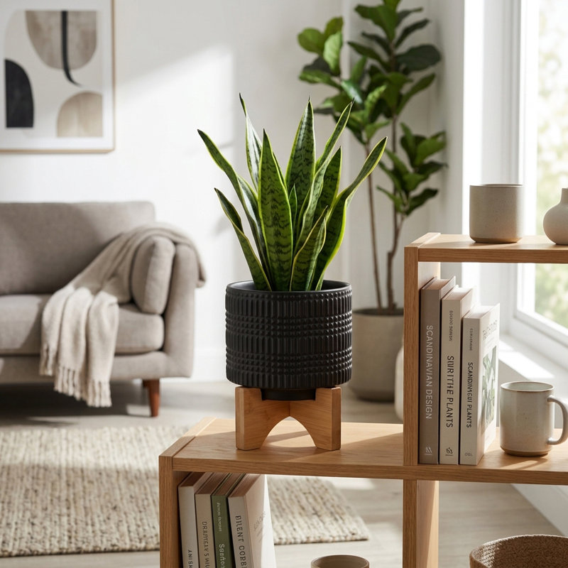 Tarrin Stoneware Planter with Wood Stand - Modern Ceramic Decorative Plant Pot with Raised Base, 5" H x 5.5" W x 5.5" D