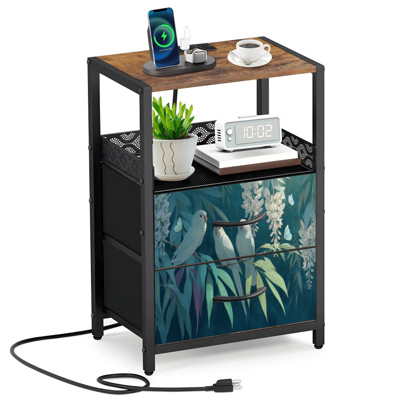 Table de chevet à 2 tiroirs en tissu avec station de charge avec plantes tropicales blanches