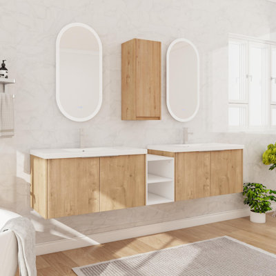 Meuble-lavabo mural double 84 po avec plateau en résine, 84 po et 4 portes