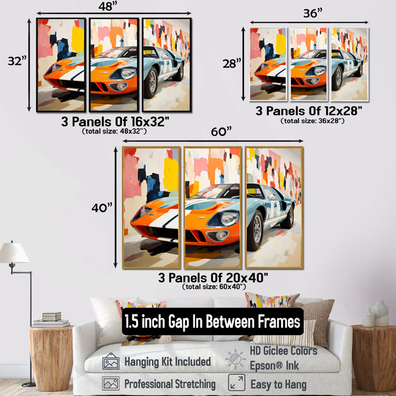 Orange orange, voiture de course American Gt - art mural, H 28 po x l 36 po x P 1 po, Cadre flottant blanc