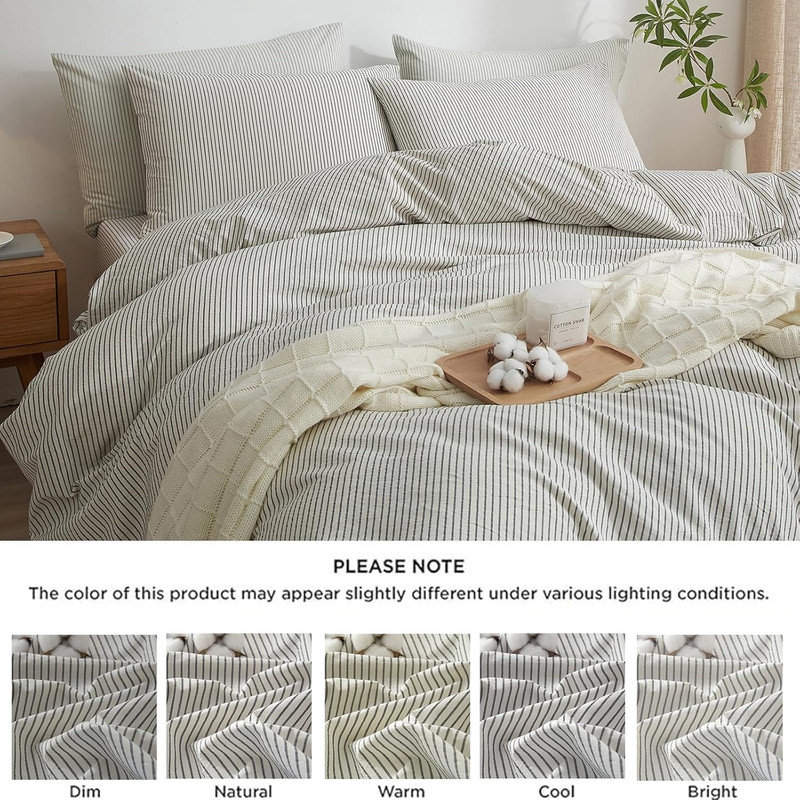 LIFETOWN Striped Duvet Cover Set,3 Pcs Breathable Durable 100% Washed Cotton Comforter Cover for All Seasons, Chic Linen Like Textured Bedding Set.