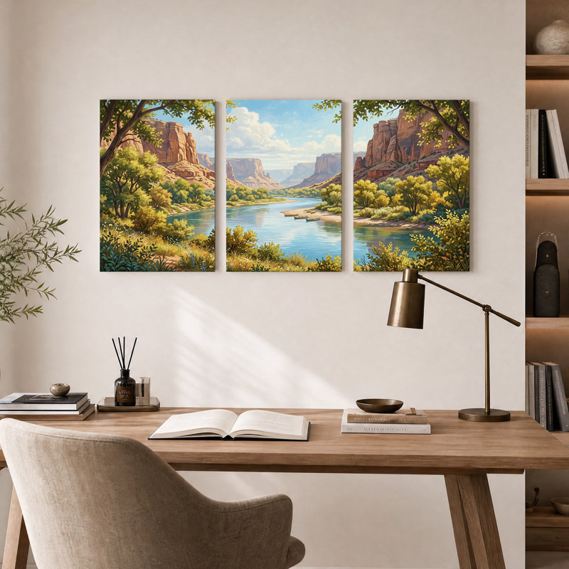 Ensemble de 3 toiles murales représentant la rivière Red Rock Canyon et ses arbres verts, H 30 po x l 20 po x 3 pièces