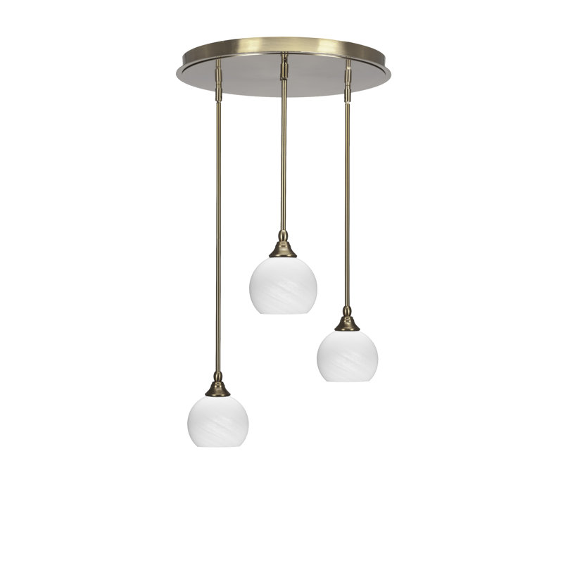 Luminaire suspendu grappe suspendu à 3 lumières Empire avec verre en marbre blanc 5,75 po Empire, Laiton New Age
