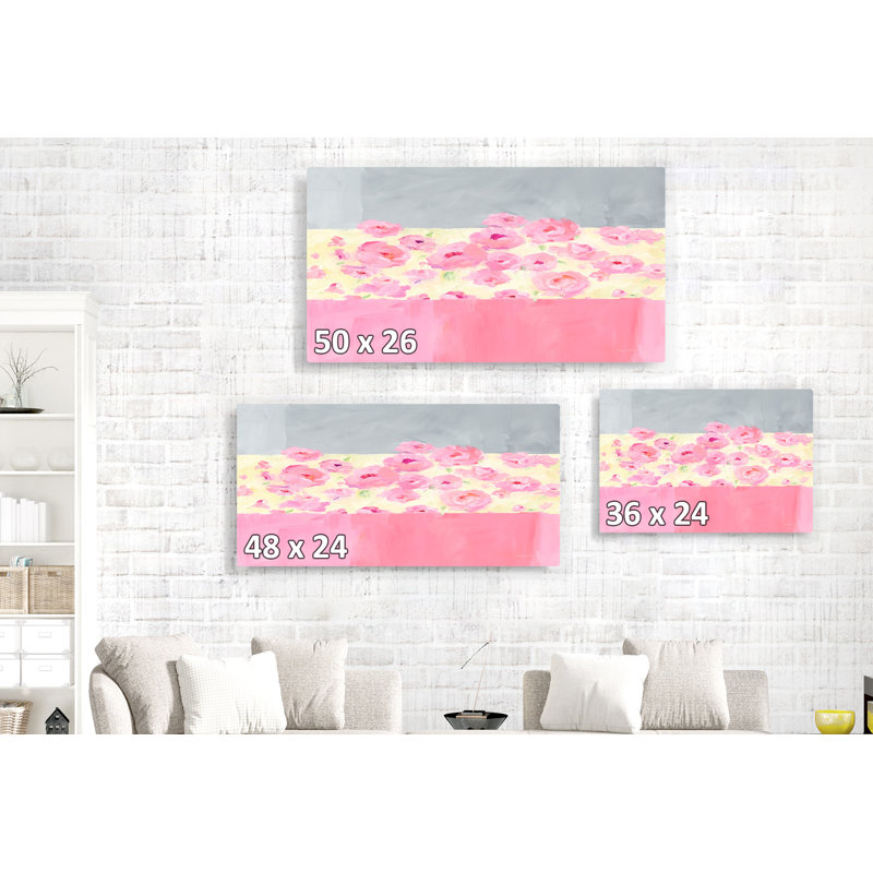Fleurs sur fond rayé, abstrait, rose, jaune, gris, floral, aérien, doux, H 24 po x l 48 po x P 1,5 po