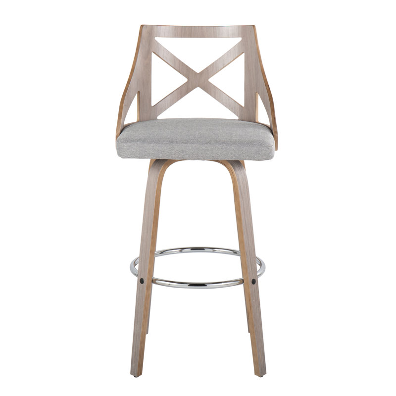 Gray Upholstered Swivel Bar Stool with Wood and Metal Frame