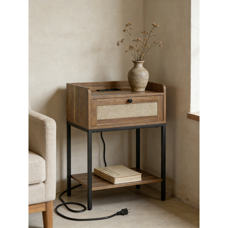Table de chevet moderne avec station de charge et tiroir de rangement, petite table de chevet avec tablette pour la chambre à coucher et le salon