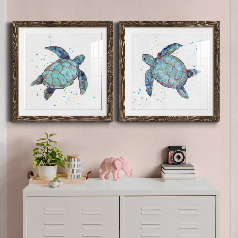 Bulle bleue tortue I - ensemble de 2 reproductions d'art, H 24 po x l 48 po x P 1 po, Papier avec cadre brun