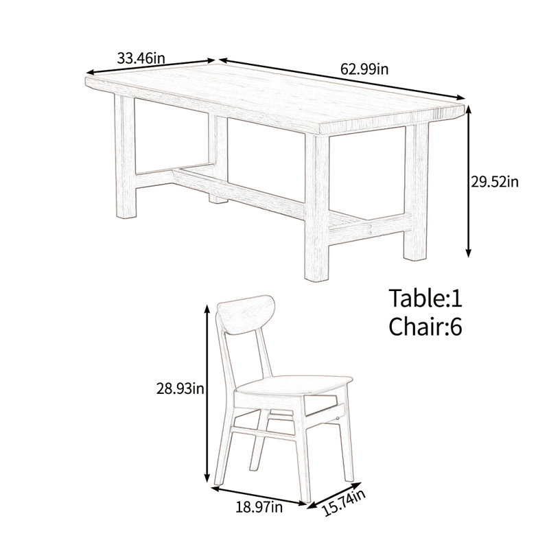 Solid wood solid large table set, Burlywood, 29.52"H x 62.99"L x 33.46"W