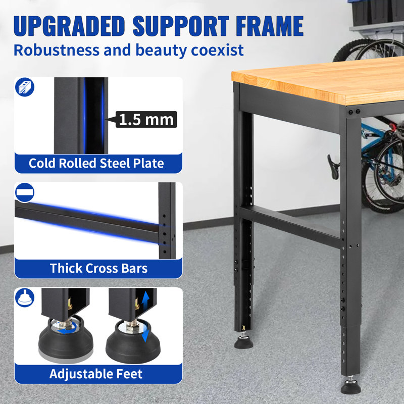 Adjustable Height Black Metal and Oak Workbench with Power Outlets