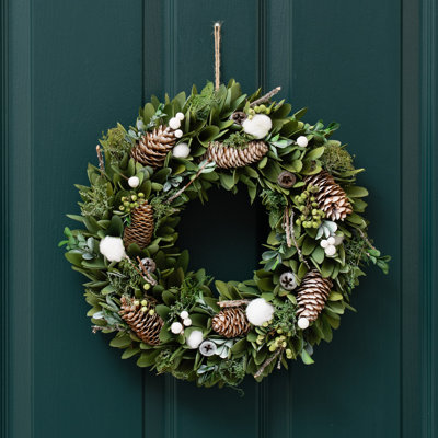 38cm Faux Cotton Ball Wood Shave Wreath