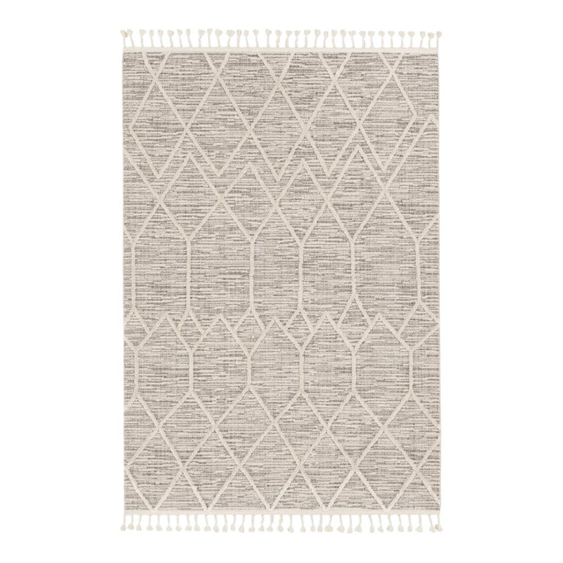 Tapis géométrique ivoire et gris 8 pi x 11 pi avec frange