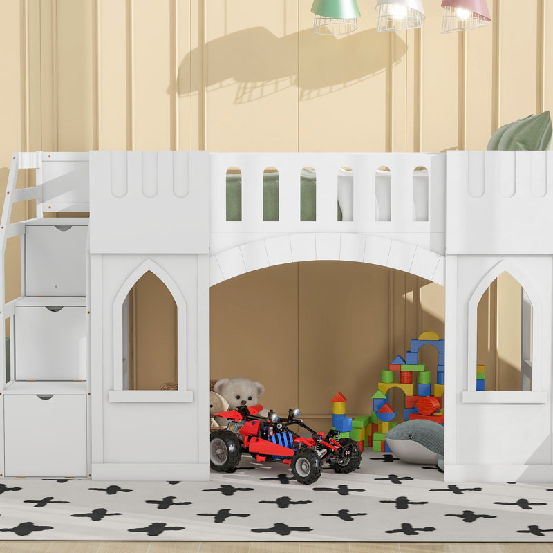 Twin Size Loft Bed In White With Features - Includes Storage Staircase For Peace Of Mind Materials And Storage, Comes Guardrails