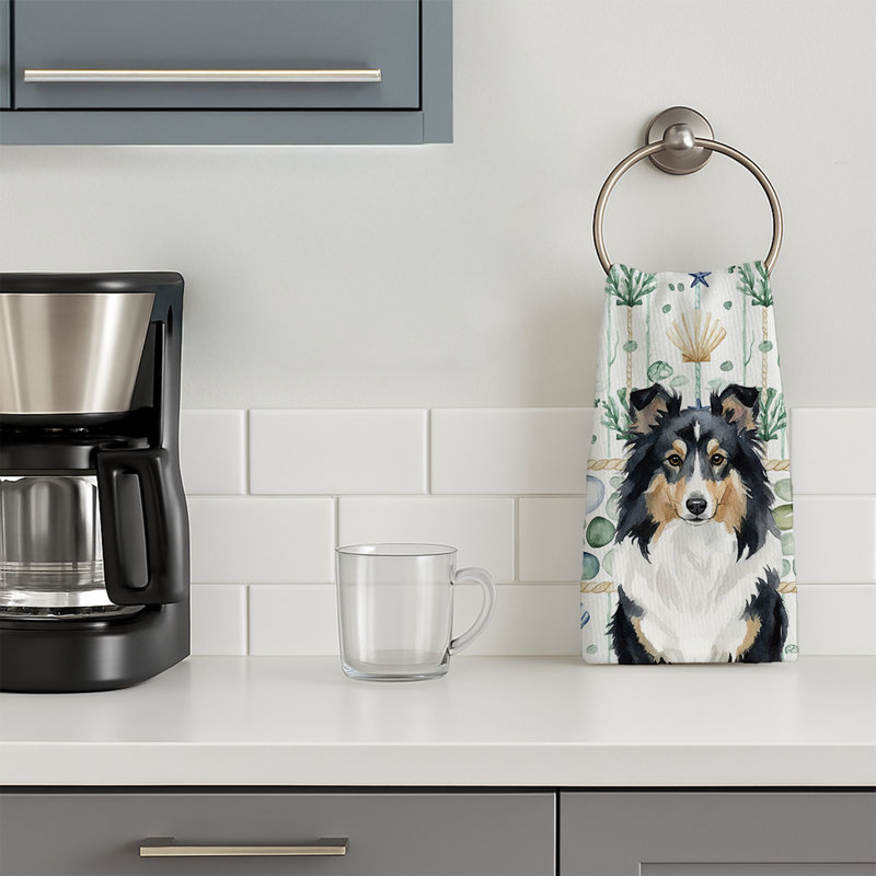 Tricolor Sheltie Coastal Sea Glass Kitchen Towel, Tricolor Sheltie