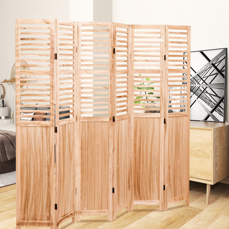 Solid Wood 6 Folding Screen, 82.8'' X 65'', In Natural Tone For Home Use Partition, Style With Hinges