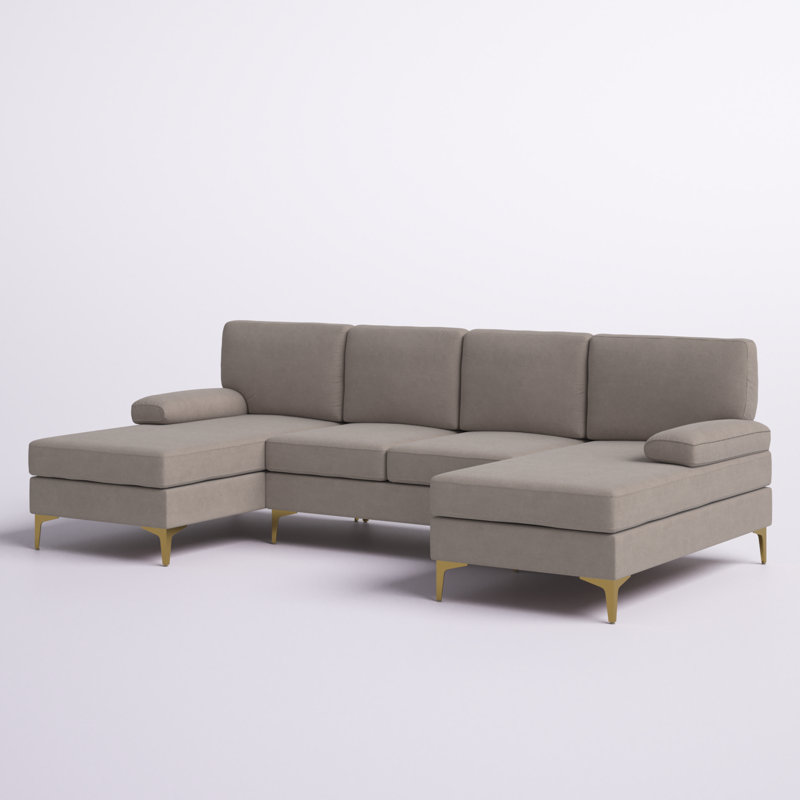 Amulya Upholstered U-Shaped Sectional Symmetrical, Khaki Polyester Blend, Gold