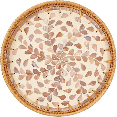 Round Rattan Tray With Mother Of Pearl Inlay, Rattan Serving Tray With Wooden Base, Decorative Wicker Basket For Table Decor, Storage And Display Of Coffee Bread Food Fruit (Wicker)
