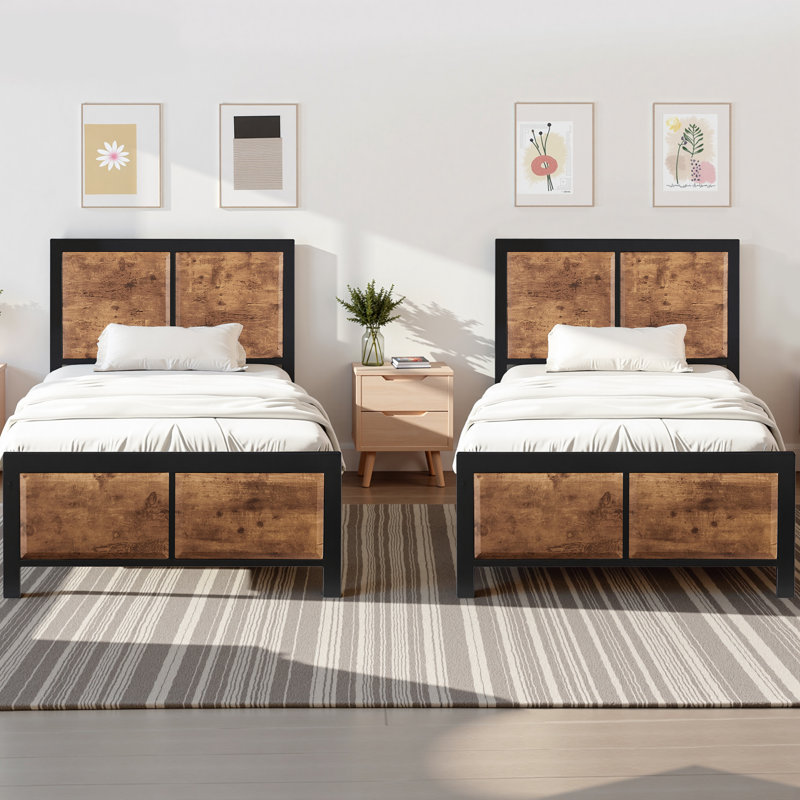 Sandreka 2 Set Twin Size Bed Frame, 2Pcs Rustic Farmhouse Metal Platform Bedframe with Wood Headboard, Mattress Foundation with Heavy Duty Metal Slats Support, No Box Spring Needed