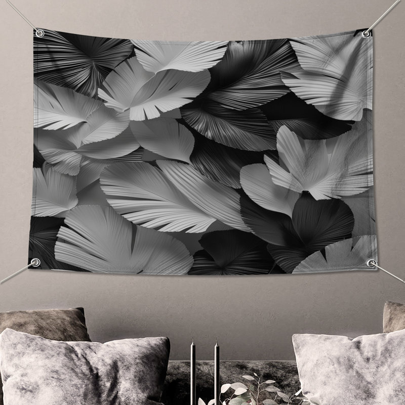 Tapisserie murale feuilles noires - Décoration murale feuilles, H 50 po x l 60 po avec 4 œillets