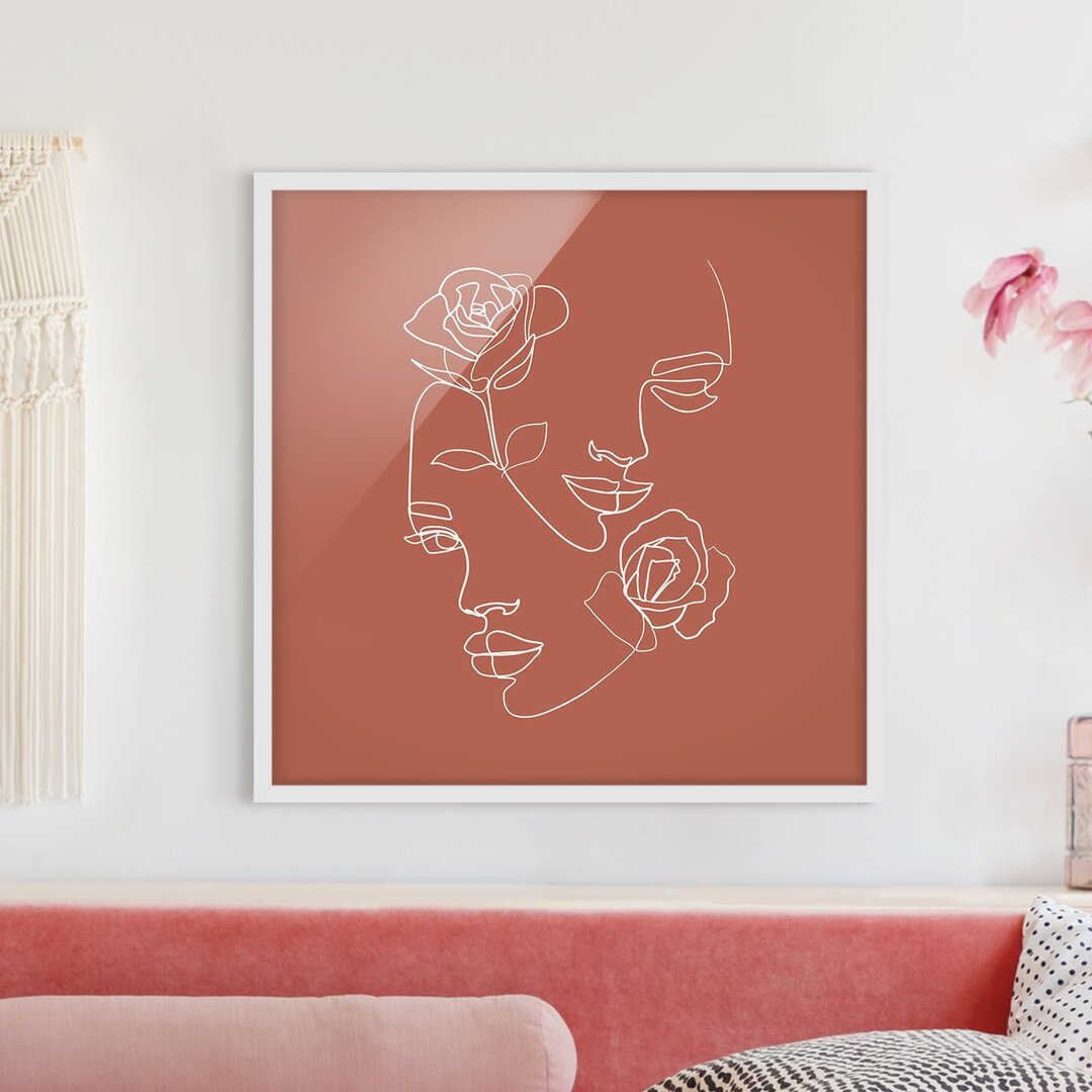 Gerahmtes Poster Line Art Faces Women Roses Copper