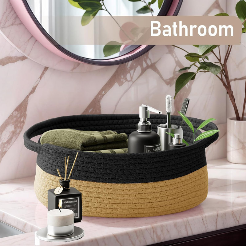 Petit panier de rangement en corde tissée avec poignées et sac à ruban - noir / jute