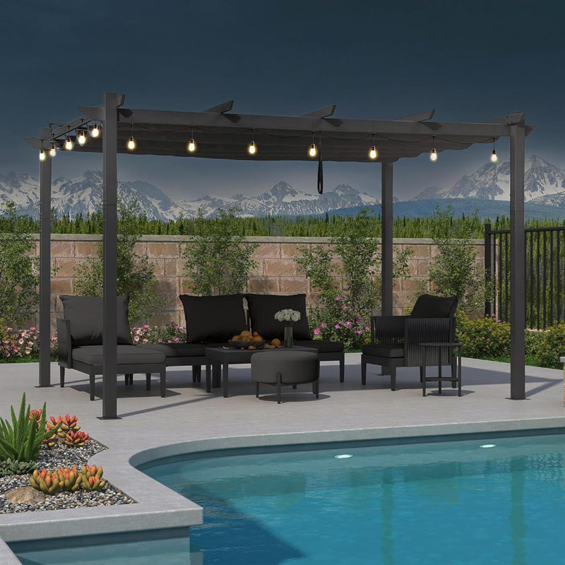 Pergola rétractable d'extérieur 10 pi x 13 pi avec guirlandes mauves, Gris