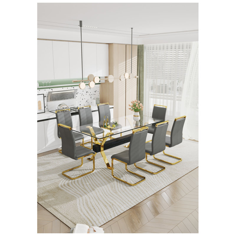 Table de salle à manger de luxe en verre trempé de luxe avec pieds en métal doré et base en panneau de fibres à densité moyenne, grande table de cuisine contemporaine de 79 po pour le bureau à domicile