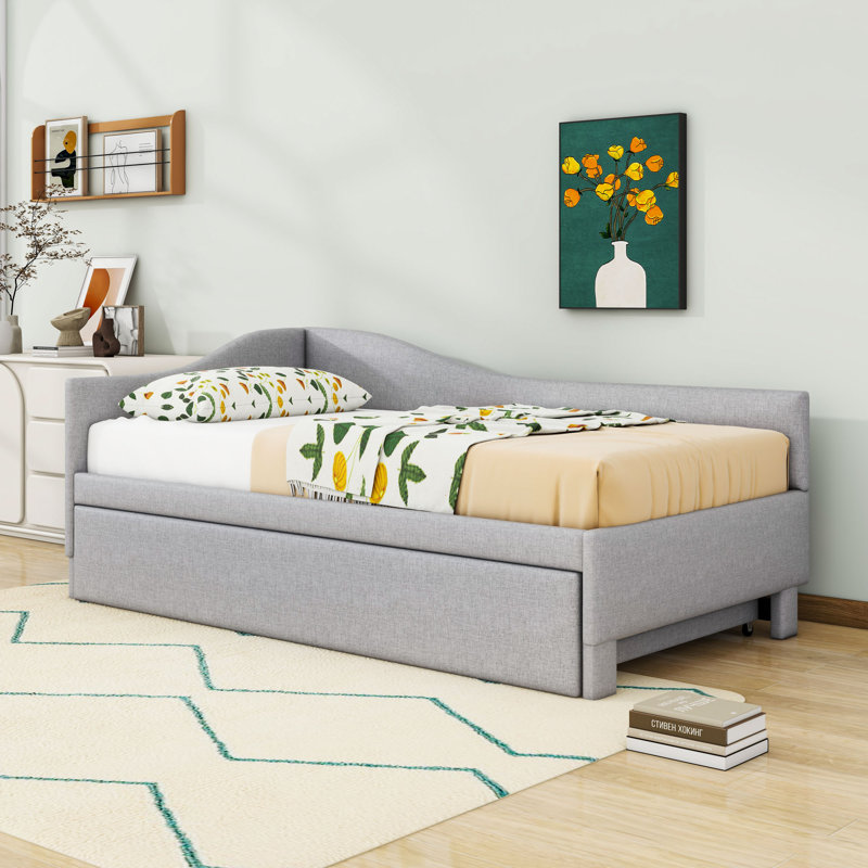 Twin Wooden Upholstered Daybed with Twin Trundle and Slats, Gray