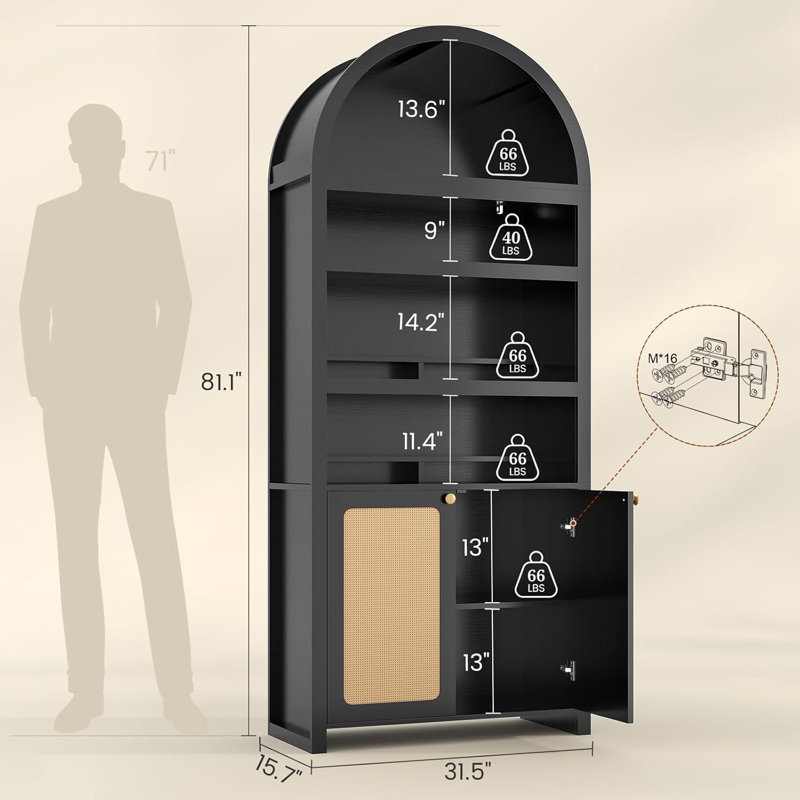 81" Tall Arched Cabinets, Bookcase With Storage, Black