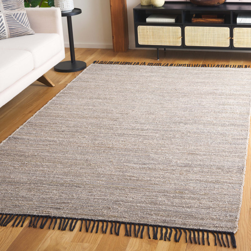 Abir Hand Woven Denim/Cotton Rug in Ivory/Black, Rectangle 5' x 8'