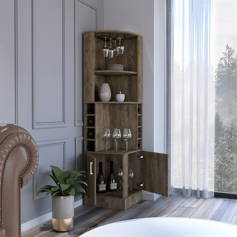 Stylish Corner Bar Cabinet with Ample Storage and Display Space for Your Beverage Collection and Barware., Brown