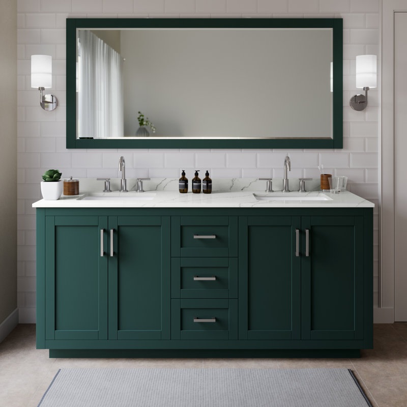 Meuble-lavabo double autoportant 72 po avec plateau en quartz Miranda, Quartz Giotto, Vert, Nickel brossé