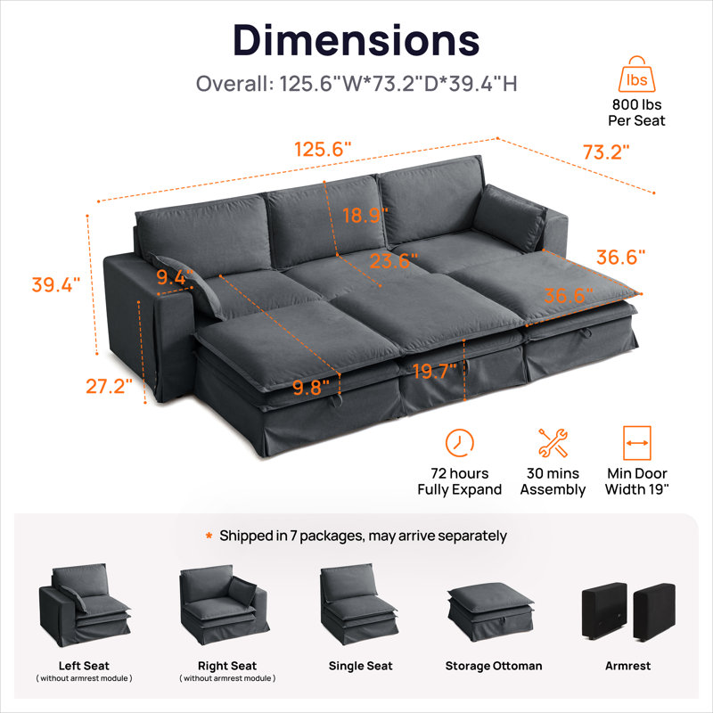 Canapé modulaire surdimensionné en tissu 125,6 po, Polyester gris