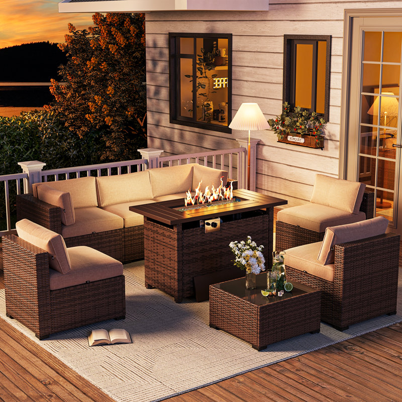 6-Person Wicker Patio Conversation Set With 44" Fire Pit Table, Coffee Table & Cushions, Beige, Brown