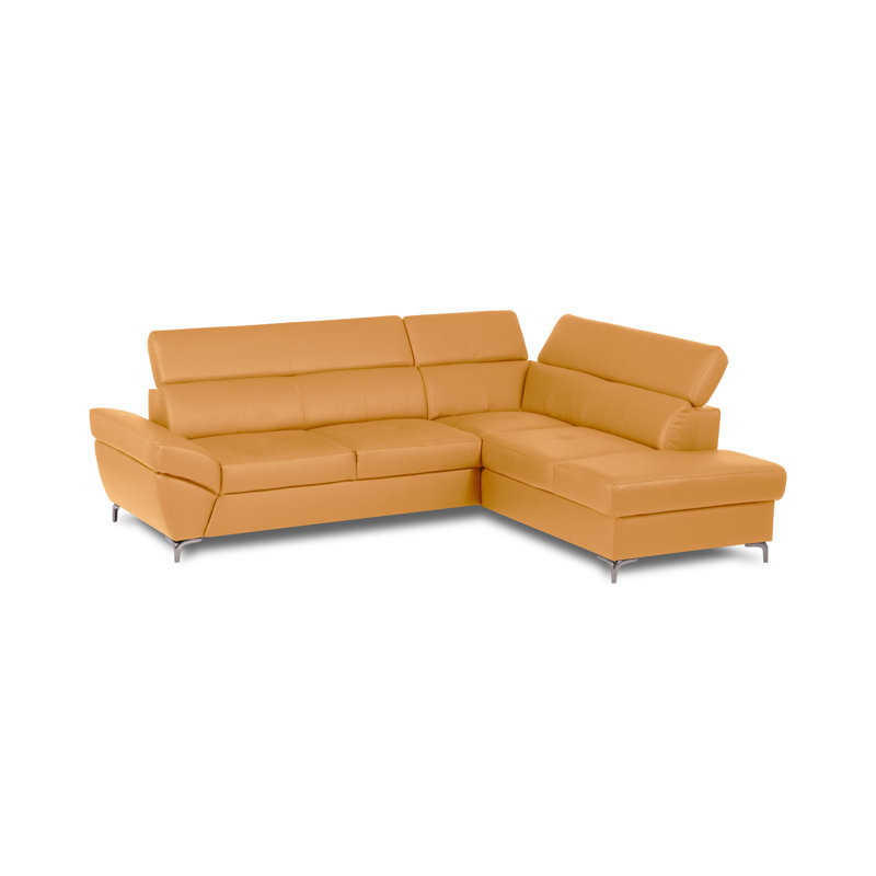 CAPRI Genuine Leather Corner Sofa with Pull-Out Bed and Storage and Adjustable Headrests, Right Hand Facing, Yellow