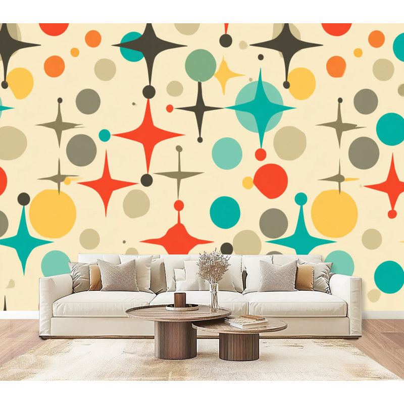 Peel and Stick Wallpaper 96" W x 69" H Modern Self Adhesive Wall Mural for Bedroom Mid century fifties modern atomic retro colors seamless Part