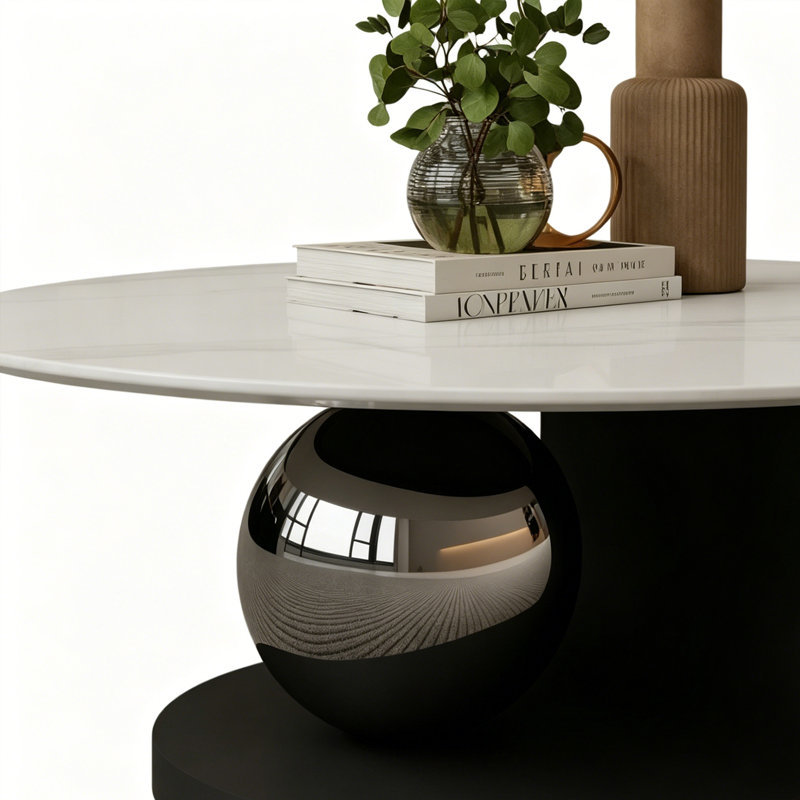 Table basse moderne en ardoise ronde avec base en métal, White/Gray, Marble, 15.74" H x 35.43" L x 35.43" W
