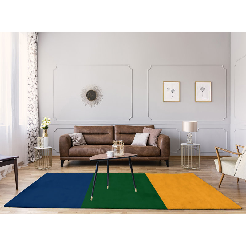 Tapis à rayures bleu marine/vert/doré, Rectangle 4 pi x 6 pi