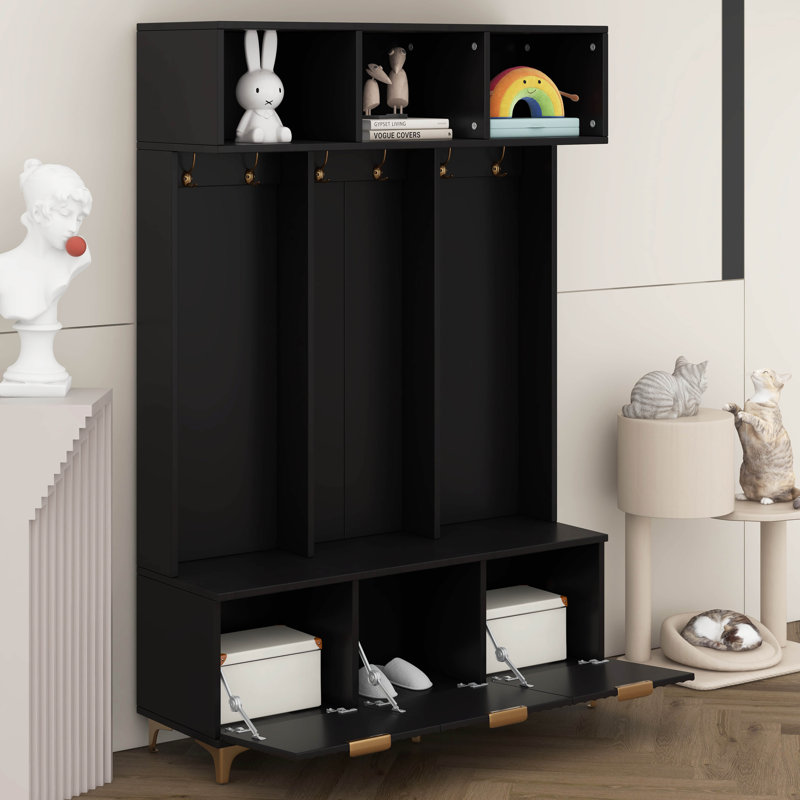 49.6" Hall Tree With Bench And Shoe Storage, Entryway Cabinet With High Gloss Fluted Doors And Open Shelves, Coat Rack With 6 Gold Hooks And Legs
