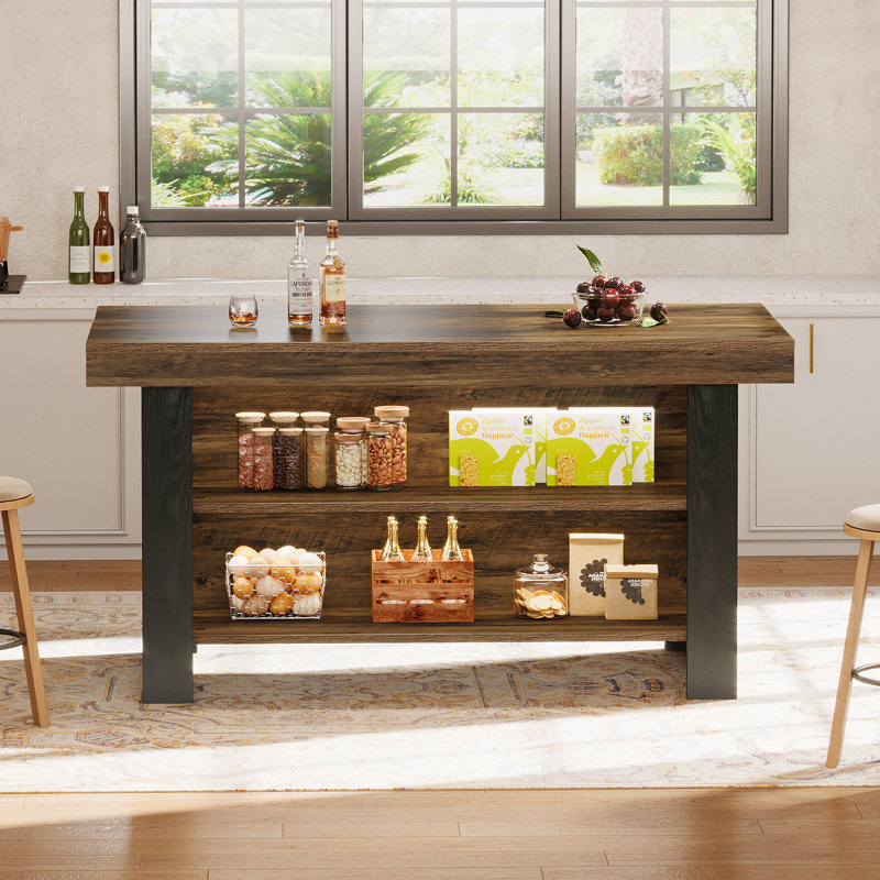 Îlot de cuisine 55 po avec rangement, Brun rustique, Noir