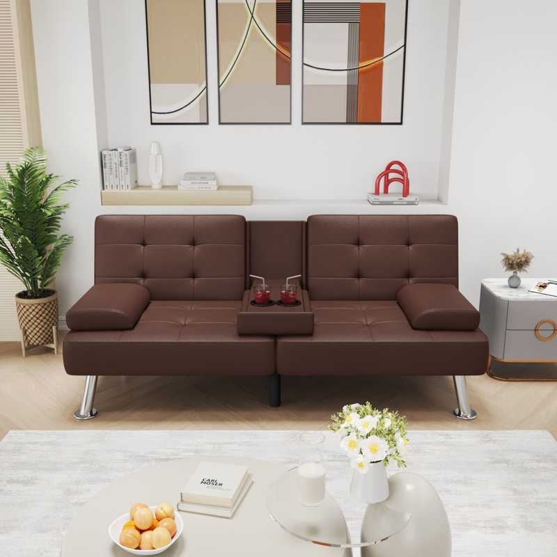 Siomarily 66'' Wide Faux Leather Convertible Upholstered Reclining Sofa with Cup Holder, Brown