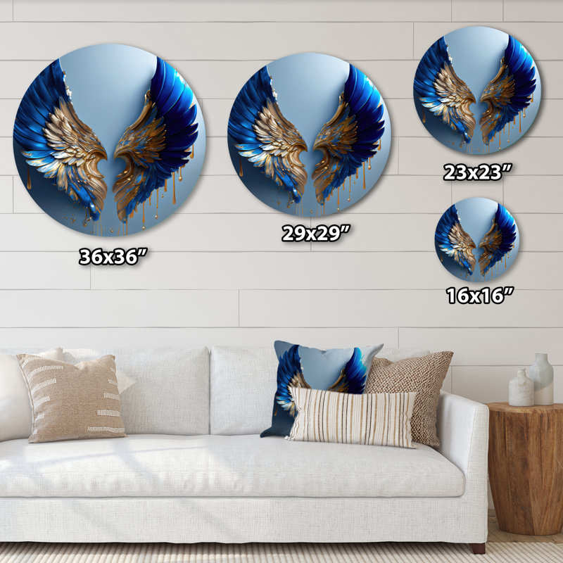 Ailes d'ange bleues et dorées V - Fantasy, art rond en métal, H 16 po x l 16 po