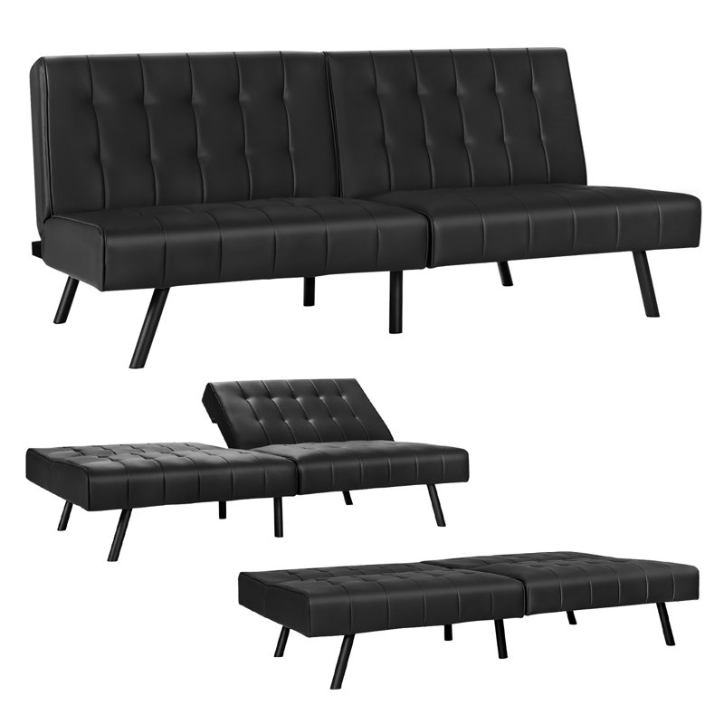 Camisha Twin 70'' Faux Leather Convertible Sofa, Black Faux Leather